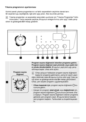 Page 48Yıkama program ın ın ayarlanmas ı
Kontrol paneli y ıkama programlar ın ın ve farkl ı seçeneklerin seçimine olanak tan ır.
Bir seçenek tu şu seçildi ğinde, ilgili pilot  ış ığ ı yanar. Aksi durumda yanmaz.
Y ıkama programlar ı ve seçenekler aras ındaki uyumluluk için Yı kama Programları bölü-
müne bak ın. Yanl ış  seçenek seçilirse,  9 tu şunun entegre k ırm ız ı pilot  ış ığ ı 3 defa yanı p
söner ve göstergede  Err mesaj ı gösterilir.
1234569
78
10
1
Program seçme
düğmesi
Program seçme dü ğmesini...
