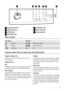 Page 5123456
BC A
7
1Programme selector dial
2SPIN reduction button
3OPTIONS button
4EXTRA RINSE button
5START/PAUSE button
6DELAY START button
7Indicator pilot lights
Table of symbols
Push buttonsPilot lights
Rinse Hold / Prewashing or washing
Prewash / Rinsing or spinning
Super QuickEnd
Programme selector dial, spin speed button and available options
Programme Selector Dial
It allows you to switch the appliance on/off and/or to se-
lect a programme.
Available options:
Spin
By pressing this button you can...