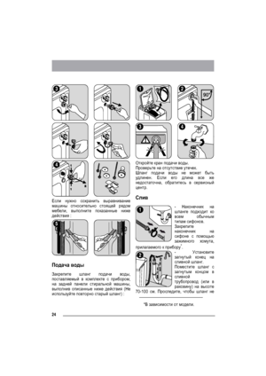 Page 2424
Если нужно сохранить выравнивание
машины относительно стоящей рядом
мебели, выполните показанные ниже
действия :
Подача воды
Закрепите шланг подачи воды,
поставляемый в комплекте с прибором,
на задней панели стиральной машины,
выполнив описанные ниже действия (Не
используйте повторно старый шланг) :Откройте кран подачи воды.
Проверьте на отсутствие утечек.
Шланг подачи воды не может быть
удлинен. Если его длина все же
недостаточна, обратитесь в сервисный
центр.
Слив
- Наконечник на
шланге подходит ко...