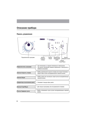 Page 66
Описание прибора
Панель управления
Переключатель программ•При положении , машина отключена от электросети.
•При других положениях машина подключена к электросети и
выбрана программа.
Переключатель программКнопка 
Скорость 
отжимаКнопки 
Опции
Кнопка 
Старт/Пауза Индикаторы 
выполнения 
циклаКнопка 
Задержка пуска
Кнопка Скорость отжима•Выбор желательной скорости отжима или опции Остановка с
водой в баке путем последовательного нажатия кнопки.
Кнопки Опции•Выбор одной или нескольких опций путем...