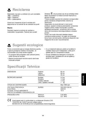 Page 69ROMANĂ 
69
Reciclarea
Sugestii ecologice
Materialele marcate cu simbolul  sunt reciclabile.
>PEPSPP