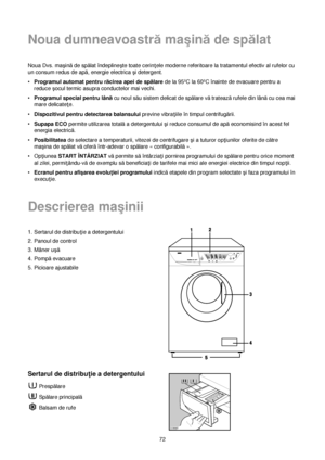 Page 72Noua dumneavoastrămaçinăde spălat
72 Noua Dvs. maçinăde spălat îndeplineçte toate cerin†ele moderne referitoare la tratamentul efectiv al rufelor cu
un consum redus de apă, energie electrica çi detergent.
•Programul automat pentru răcirea apei de spălarede la 95ºC la 60ºC înainte de evacuare pentru a
reduce çocul termic asupra conductelor mai vechi.
•Programul special pentru lânăcu noul său sistem delicat de spălare vătrateazărufele din lânăcu cea mai
mare delicate†e.
•Dispozitivul pentru detectarea...