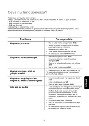 Page 87ROMANĂ 
87 Probleme pe care le pute†i rezolva singuri.
În timpul func†ionării maçinii este posibil ca unul dintre urmatoarele coduri de alarmăsăaparăpe ecran:
-E10:probleme cu alimentarea cu apă;
-E20:probleme cu evacuarea apei;
-E40:uça deschisă
În acelaçi timp se aude semnalul sonor.
Odatăce a fost eliminatăproblema, se apasăbutonul START/PAUZA  pentru a reporni programul. Dacă,
dupătoate verificarile, problema persistă, vărugăm săcontacta†i centrul de service.
Ceva nu func†ionează?
Problema Cauze...