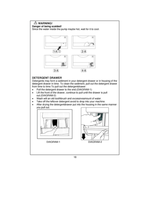 Page 19 
         WARNING!     
Danger of being scalded! 
  Since the water inside the pump maybe hot, wait for it to cool.  
   
   
   
  
   
   
   
   
   
   
   
   
   
   
   
   
 
DETERGENT DRAWER   Detergents may form a sediment in your  detergent drawer or in housing of the 
detergent drawer in time. To clean the sediment, pull out the detergent drawer 
from time to time.To pull out the detergentdrawer: 
 
 
 
•  Pull the detergent drawer to the end.(DIAGRAM-1) 
 
•  Lift the front of the drawer,...