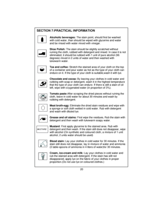 Page 21 
 
 
 
SECTION 7:PRACTICAL INFORMATION           Alcoholic beverages:  The stain point, should first be washed 
       with cold water, than should be wiped with glycerine and water 
       and be rinsed with water mixed with vinegar. 
 
 
 
 
 
       Shoe Polish:  The stain should be slightly scratched without       
      ruining the cloth, rubbed with detergent and rinsed. In case it is not 
       eliminated, it should be rubbed with 1 unit of pure alcohol (96    
       degrees) mixed in 2 units...