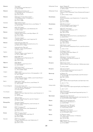 Page 24
 
Набережные Челны фирма “Марина-М” Татарстан, 423819 Набережные Челны, проспект Мира, 46, 112 тел. (855-2) 532496 
Иваново “Луч-сервис” 153024 Иваново, улица Заводская, 13 тел. (093-2) 472985 
Набережные Челны ООО “Элекам-сервис +” Татарстан, 423815 Набережные Челны, Шишкинский бульвар, 8 п.1 к.2 тел. (855-2) 530546/ 530465 
Иваново ООО “Центр ремонтных услуг” 153048 Иваново, улица Г.Хлебникова, 36 тел. (093-2) 291738 факс (093-2) 291510 
Калининград чп Галютин 236040 Калининград, улица Черняховского,...