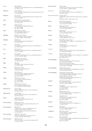 Page 26
 
Ростов-на-Дону “Поиск-сервис” 344065 Ростов-на-Дону, улица 50 лет Ростсельмаш, 1 тел. (863) 2552017/ 2552018/ 2552019 
Бердск ООО “Юджин” 633190 Бердск, Новосибирская область, улица Первомайская, 7-а тел. (383-41) 21114 
Волгодонск СЦ “Комфорт-сервис” Волгодонск, Ростовская область, улица К.Маркса, 30 тел. (863-92) 52929 
Норильск АСЦ “Тайсервис” 663300 Норильск, Таймырский АО, улица Ленинградская, 22/43 тел. (391-9) 491212 
Каменск-Шахтинский “Диорит-сервис” 347800 Каменск-Шахтинский, Ростовская...