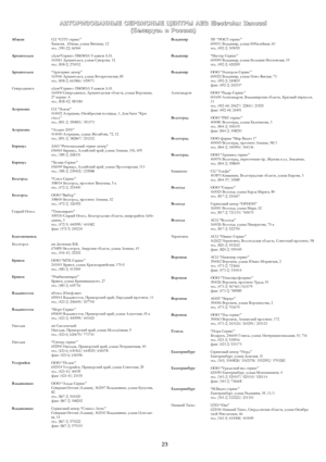 Page 23
АВТОРИЗОВАННЫЕСЕРВИСНЫЕЦЕНТРЫAEGElectroluxZanussi(БеларусьиРоссия)
Абакан  СЦ “CITY-сервис” 
Хакасия,  Абакан, улица Вяткина, 12 
тел. (390-22) 66564 
Архангельск  «Дом*Сервис» ПБОЮЛ Ульянов А.Н. 
163061 Архангельск, улица Суворова, 12 
тел. (818-2) 276912 
Архангельск   “Архсервис-центр” 
163046 Архангельск, улица Воскресенская, 85 
тел. (818-2) 661866/ 659071 
Северодвинск  «Дом*Сервис» ПБОЮЛ Ульянов А.Н.  164500 Северодвинск, Архангельска я область, улица Воронина, 
27 корпус А 
тел....