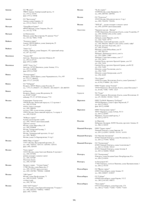 Page 25
 
Москва “Эл Ко-сервис” 123298 Москва, улица Берзарина, 16 тел. (495) 2587549/ 2587592 
Липецк СЦ “Фолиум” 398600 Липецк, Универсальный проезд, 14 тел. (474-2) 331535 факс (474-2) 318182 Москва СЦ “Техносила” 105122 Москва, Щёлковское шоссе, 5 стр.1 тел. (495) 7254195/ 7254196 Липецк СЦ “Быттехника” Липецк, улица Семашко, 14 тел. (474-2) 276612/ 391125 Москва “ЗИП-М” – магазин аксессуаров и запасных частей тел. (495) 2253040 (многоканальный) Магадан “ЦентрВидеоСервис” 685000 Магадан, улица Гагарина,...