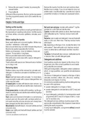 Page 83. Reduce the spin speed if needed, by pressing the
relevant button.
4. Press button 6
6 .
At the end of the programme, the door can be now opened.
Turn the programme selector dial to O
O to switch the ma-
chine off.
Remove the laundry from the drum and carefully check
that the drum is empty. If you do not intend to carry out
another wash, close the water tap. Leave the door open to
prevent the formation of mildew and unpleasant smells.
Helpful hints and tips
Sorting out the laundry
Follow the wash code...