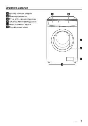 Page 5Описание изделия
1Дозатор моющих средств
2Панель управления
3Ручка для открывания дверцы
4Табличка технических данных
5Фильтр сливного насоса
6Регулируемые ножки
12
3
4
5
6
 5
 