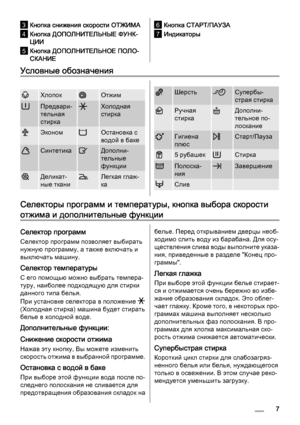 Page 73Кнопка снижения скорости ОТЖИМА
4Кнопка ДОПОЛНИТЕЛЬНЫЕ ФУНК‐
ЦИИ
5Кнопка ДОПОЛНИТЕЛЬНОЕ ПОЛО‐
СКАНИЕ
6Кнопка СТАРТ/ПАУЗА
7Индикаторы
Условные обозначения
ХлопокОтжим
Предвари‐
тельная
стиркаХолодная
стирка
ЭкономОстановка с
водой в баке
СинтетикаДополни‐
тельные
функции
Деликат‐
ные тканиЛегкая глаж‐
ка
ШерстьСупербы‐
страя стирка
Ручная
стиркаДополни‐
тельное по‐
лоскание
Гигиена
плюсСтарт/Пауза
5 рубашекСтирка
Полоска‐
нияЗавершение
Слив  
Селекторы программ и температуры, кнопка выбора скорости...