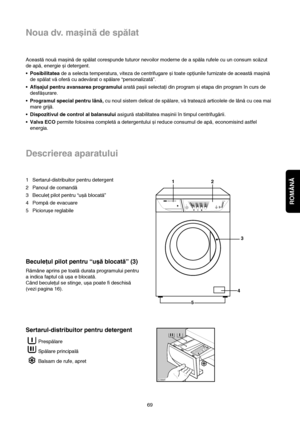 Page 7ROMÂNĂ
Noua dv. mașină de spălat
69 Această nouă mașină de spălat corespunde tuturor nevoilor moderne de a spăla rufele cu un consum scăzut
de apă, energie și detergent.
•Posibilitateade a selecta temperatura, viteza de centrifugare și toate opţiunile furnizate de această mașină
de spălat vă oferă cu adevărat o spălare “personalizată”.
•Afișajul pentru avansarea programuluiarată pașii selectaţi din program și etapa din program în curs de
desfășurare.
•Programul special pentru lână,cu noul sistem delicat...