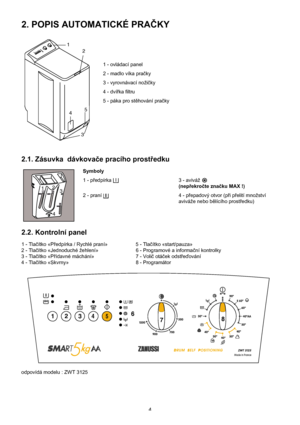 Page 44
2. POPIS AUTOMATICKÉ PRAČKY
1 - ovládací panel
2 - madlo víka pračky
3 - vyrovnávací nožičky
4 - dvířka filtru
5 - páka pro stěhování pračky
2.1. Zásuvka  dávkovače pracího prostředku
Symboly
1 - předpírka  3 - aviváž 
(nepřekročte značku MAX !)
2 - praní  4 - přepadový otvor (při přelití množství
aviváže nebo bělícího prostředku)
2.2. Kontrolní panel
1 - Tlačítko «Předpírka / Rychlé praní» 5 - Tlačítko «start/pauza»
2 - Tlačítko «Jednoduché žehlení» 6 - Programové a informační kontrolky
3 - Tlačítko...