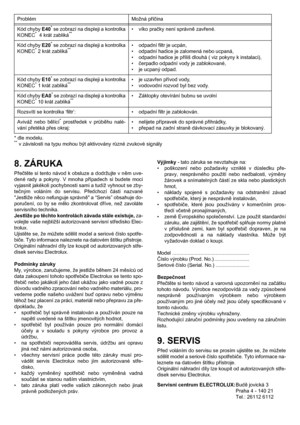 Page 1313
8. ZÁRUKA
Přečtěte si tento návod k obsluze a dodržujte v něm uve-
dené rady a pokyny. V mnoha případech si budete moci
vyjasnit jakékoli pochybnosti sami a tudíž vyhnout se zby-
tečným voláním do servisu. Předchozí části nazvané
Jestliže něco nefunguje správně a “Servis” obsahuje do-
poručení, co by se mělo zkontrolovat dříve, než zavoláte
servisního technika.
Jestliže po těchto kontrolách závada stále existuje, za-
volejte vaše nejbližší autorizované servisní středisko Elec-
trolux. 
Ujistěte se, že...