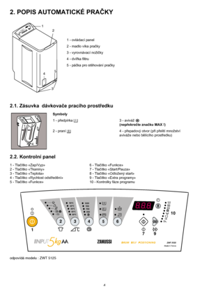 Page 44
2. POPIS AUTOMATICKÉ PRAČKY
1 - ovládací panel
2 - madlo víka pračky
3 - vyrovnávací nožičky
4 - dvířka filtru
5 - páčka pro stěhování pračky
2.1. Zásuvka  dávkovače pracího prostředku
Symboly
1 - předpírka 3 - aviváž 
(nepřekročte značku MAX !)
2 - praní  4 - přepadový otvor (při přelití množství
aviváže nebo bělícího prostředku)
2.2. Kontrolní panel
1 - Tlačítko «Zap/Vyp» 6 - Tlačítko «Funkce»
2 - Tlačítko «Tkaniny» 7 - Tlačítko «Start/Pauza»
3 - Tlačítko «Teplota» 8 - Tlačítko «Odložený start»
4 -...