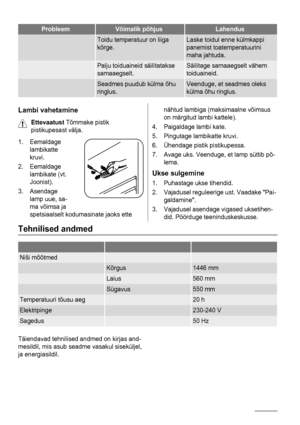 Page 60ProbleemVõimalik põhjusLahendus
 Toidu temperatuur on liiga
kõrge.Laske toidul enne külmkappi
panemist toatemperatuurini
maha jahtuda.
 Palju toiduaineid säilitatakse
samaaegselt.Säilitage samaaegselt vähem
toiduaineid.
 Seadmes puudub külma õhu
ringlus.Veenduge, et seadmes oleks
külma õhu ringlus.
Lambi vahetamine
Ettevaatust Tõmmake pistik
pistikupesast välja.
1. Eemaldage
lambikatte
kruvi.
2. Eemaldage
lambikate (vt.
Joonist).
3. Asendage
lamp uue, sa-
ma võimsa ja
spetsiaalselt kodumasinate jaoks...