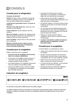 Page 2525
Conseils pour la congélation
Règles à respecter pour la congélation:
 le pouvoir max. de congélation par 24 heures
figure sur la plaque signalétique;
 le processus de congélation prend 24 heures. Il
vaut mieux ne pas ajouter dautres aliments à
congeler pendant ce laps de temps;
 les produits destinés à la congélation doivent être
frais, bien nettoyés et d’excellente qualité;
 préparez de petites portions, de façon à faciliter
la congélation et à permettre de ne décongeler
que la quantité...