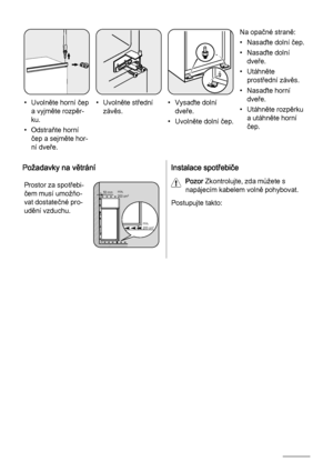 Page 12• Uvolněte horní čep
a vyjměte rozpěr‐
ku.
• Odstraňte horní
čep a sejměte hor‐
ní dveře.• Uvolněte střední
závěs.• Vysaďte dolní
dveře.
• Uvolněte dolní čep.Na opačné straně:
• Nasaďte dolní čep.
• Nasaďte dolní
dveře.
• Utáhněte
prostřední závěs.
• Nasaďte horní
dveře.
• Utáhněte rozpěrku
a utáhněte horní
čep.
Požadavky na větrání
Prostor za spotřebi‐
čem musí umožňo‐
vat dostatečné pro‐
udění vzduchu.50 mmmin.
200 cm2
min.
200 cm2
Instalace spotřebiče
Pozor Zkontrolujte, zda můžete s
napájecím kabelem...