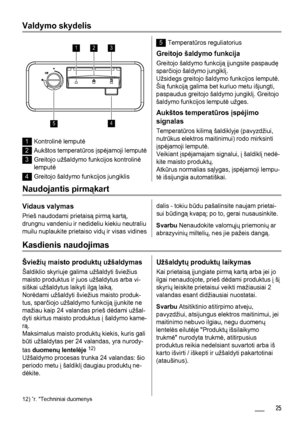 Page 25Valdymo skydelis
123
45
1Kontrolinė lemputė
2Aukštos temperatūros įspėjamoji lemputė
3Greitojo užšaldymo funkcijos kontrolinė
lemputė
4Greitojo šaldymo funkcijos jungiklis
5Temperatūros reguliatorius
Greitojo šaldymo funkcija
Greitojo šaldymo funkciją įjungsite paspaudę
sparčiojo šaldymo jungiklį.
Užsidegs greitojo šaldymo funkcijos lemputė.
Šią funkciją galima bet kuriuo metu išjungti,
paspaudus greitojo šaldymo jungiklį. Greitojo
šaldymo funkcijos lemputė užges.
Aukštos temperatūros įspėjimo
signalas...