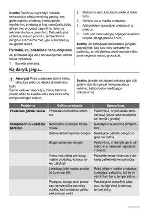 Page 28Svarbu Šerkšnui nugrandyti niekada
nenaudokite aštrių metalinių įrankių, nes
galite pažeisti prietaisą. Nenaudokite
mechaninių prietaisų ar kitų nenatūralių būdų
atitirpinimo procesui pagreitinti, išskyrus
rekomenduotinus gamintojo. Dėl pakilusios
užšaldytų maisto produktų temperatūros
įrenginio atitirpinimo metu gali sutrumpėti jų
saugojimo laikas.
Periodai, kai prietaisas nenaudojamas
Jei prietaisas ilgą laiką nenaudojamas, atlikite
tokius veiksmus:
1. Išjunkite prietaisą.
2. Maitinimo laido kištuką...