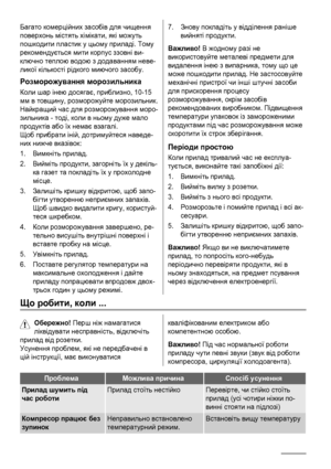 Page 68Багато комерційних засобів для чищення
поверхонь містять хімікати, які можуть
пошкодити пластик у цьому приладі. Тому
рекомендується мити корпус ззовні ви-
ключно теплою водою з додаванням неве-
ликої кількості рідкого миючого засобу.
Розморожування морозильника
Коли шар інею досягає, приблизно, 10-15
мм в товщину, розморожуйте морозильник.
Найкращий час для розморожування моро-
зильника - тоді, коли в ньому дуже мало
продуктів або їх немає взагалі.
Щоб прибрати іній, дотримуйтеся наведе-
них нижче...