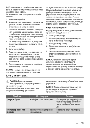 Page 105Најбоље време за одлеђивање замрзи‐
вача је када у њему нема хране или када
има само мало хране.
За уклањање иња предузмите следеће
кораке:
1. Искључите уређај.
2. Извадите све намирнице, умотајте их
у више слојева новинског папира и
ставите их на хладно место.
3. Оставите поклопац отворен, извадите
чеп из отвора за испуштање воде од
одлеђивања и сакупите сву отопљену
воду у неку посуду. За брзо уклањање
леда употребите гребач.
4. По завршетку одлеђивања, добро об‐
ришите унутрашњост и ставите поно‐
во...