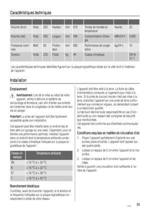 Page 53Caractéristiques techniques
         
Volume (brut)litres263Hauteurmm876Temps de montée en
températureheures32
Volume (net)litres260Largeurmm946Consommation déner-
giekWh/24 h0,685
Puissance nomi-
naleWatt80Profon-
deurmm665Performance de congé-
lationkg/24 h16
TensionVolts230PoidsKg44Classe climatique SN-N-
ST-T
Les caractéristiques techniques détaillées figurent sur la plaque signalétique située sur le côté droit à lextérieur
de lappareil.
Installation
Emplacement
Avertissement Lors de la mise au rebut...