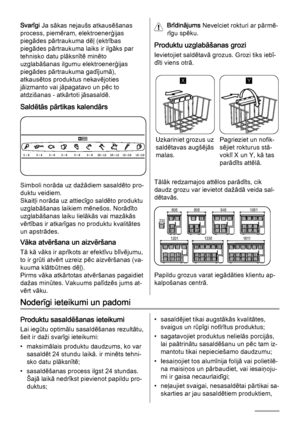 Page 70Svarīgi Ja sākas nejaušs atkausēšanas
process, piemēram, elektroenerģijas
piegādes pārtraukuma dēļ (ektrības
piegādes pārtraukuma laiks ir ilgāks par
tehnisko datu plāksnītē minēto
uzglabāšanas ilgumu elektroenerģijas
piegādes pārtraukuma gadījumā),
atkausētos produktus nekavējoties
jāizmanto vai jāpagatavo un pēc to
atdzišanas - atkārtoti jāsasaldē.
Saldētās pārtikas kalendārs
Simboli norāda uz dažādiem sasaldēto pro‐
duktu veidiem.
Skaitļi norāda uz attiecīgo saldēto produktu
uzglabāšanas laikiem...