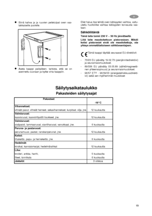 Page 1919
FI
Siirrä kahva ja ja ruuvien peitetulpat oven vas-
takkaiselle puolelle.
Aseta kaappi paikalleen, tarkista, että se on
asennettu suoraan ja kytke virta kaappiin.Ellet halua itse tehdä oven kätisyyden vaihtoa, valtu-
utettu huoltoliike vaihtaa kätisyyden korvausta vas-
taan.
Sähköliitäntä
Tämä laite toimii 230 V ~ 50 Hz jännitteellä.
Liitä laite maadoitettuun pistorasiaan. Mikäli
kotisi pistorasiat eivät ole maadoitettuja, ota
yhteys ammattitaitoiseen sähköasentajaan.
Tämä kaappi täyttää seuraavat...