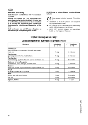 Page 4646
DK
SKE/Za/97-1. (08)
Elektrisk tilslutning
Dette køleskab skal tilsluttes 230 V vekselstrøm
(~) 50 Hz.
Stikket skal sættes ind i en stikkontakt med
ekstrabeskyttelse (jordforbindelse). Hvis der ikke
er jordbindelse, anbefales det at få en installatør
til at opsætte en  stikkontakt med korrekt jord-
forbindelse for eltilslutning af køleskabe og fry-
sere.
Ved tordenvejr kan et HFI-relæ afbrydes og
derved afbryde for spændingen til skabet.Et HPFI-relæ er mindre følsomt overfor sådanne
forhold.
Dette...