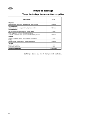 Page 1818
FR
T Te
em
mp
ps
s 
 d
de
e 
 s
st
to
oc
ck
ka
ag
ge
e 
 
T
Te
em
mp
ps
s 
 d
de
e 
 s
st
to
oc
ck
ka
ag
ge
e 
 d
de
e 
 m
ma
ar
rc
ch
ha
an
nd
di
is
se
es
s 
 c
co
on
ng
ge
el
lé
ée
es
s
M
Ma
ar
rc
ch
ha
an
nd
di
is
se
e-
-1
18
8°
°C
C
L Lé
ég
gu
um
me
es
s:
:
haricots verts, petits pois, légume mixte, maïs, courge 12 mois
P Pl
la
at
t 
 p
pr
ré
éf
fa
ab
br
ri
iq
qu
ué
é:
:
plats avec viande, avec garniture, légume en nature 12 mois
P Pl
la
at
t 
 p
pr
ré
éf
fa
ab
br
ri
iq
qu
ué
é:
:
filet en...