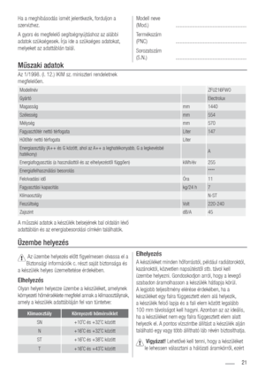 Page 2121
Műszaki adatok
Ha a meghibásodás ismét jelentkezik, forduljon a 
szervizhez.
A gyors és megfelelő segítségnyújtáshoz az alábbi 
adatok szükségesek. Írja ide a szükséges adatokat, 
melyeket az adattáblán talál.Modell neve 
(Mod.) 
 ....................................................
Termékszám 
(PNC)   ....................................................
Sorozatszám 
(S.N.)   ....................................................
Az 1/1998. (I. 12.) IKIM sz. miniszteri rendeletnek 
megfelelően....