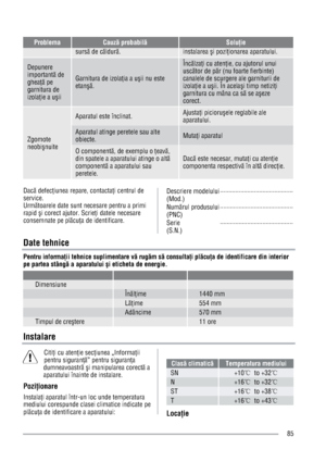 Page 8585
ProblemaCauzÖ probabilÖSoluie 
sursÖ de cÖldurÖ.instalarea i poziionarea aparatului. 
Depunere importantÖ de gheaÖ pe garnitura de izolaie a uii
Garnitura de izolaia a uii nu este etanÖ.
ÎncÖlzai cu atenie, cu ajutorul unui uscÖtor de pÖr (nu foarte fierbinte) canalele de scurgere ale garniturii de izolaie a uii. În acelai timp netiziigarnitura cu mâna ca sÖ se aeze corect. 
Zgomoteneobinuite
Aparatul este înclinat. Ajustai picioruele reglabile ale aparatului....