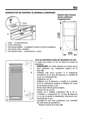 Page 4747
RO
DISPOZITIVE DE CONTROL SI SEMNALE LUMINOASE
 Spatiul  total  necesar                  
 pentru utilizarea   
 congelatorului 
1 - scala -  (a termostatului);
2 – buton termostat;
3 – led semnal galben - (congelare) (lumini in modul congelare);
4 – led lumina rosie- (atentie) ;  
5 – led semnal verde -  (conectarea la  sursa).  
Cum sa schimbati modul de deschidere al usii:
In acest scop exista un set de dopuri in punga de 
polietilena 
- IMPORTANT: Nu lasati aparatul pe podea atunci 
  cand...