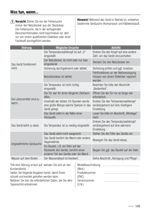 Page 109Was tun, wenn...
  Vorsicht Ziehen Sie vor der Fehlersuche 
immer den Netzstecker aus der Steckdose. 
Die Fehlersuche, die in der vorliegenden 
Benutzerinformation nicht beschrieben ist, darf 
nur von einem qualiﬁzierten Elektriker oder einer 
Fachkraft durchgeführt werden.Hinweis! Während das Gerät in Betrieb ist, entstehen 
bestimmte Geräusche (Kompressor und Kältekreislauf).
Tritt eine Störung erneut auf, wenden Sie sich an den 
Kundendienst. 
Halten Sie folgende Angaben bereit, damit Ihnen 
schnell...