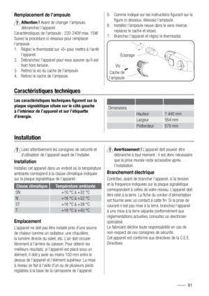 Page 91Remplacement de l’ampoule
   Attention ! Avant de changer l’ampoule, 
débranchez l’appareil.
Caractéristiques de l’ampoule : 220-240V max. 15W
Suivez la procédure ci-dessous pour remplacer 
l’ampoule : 
1.  Réglez le thermostat sur «0» pour mettre à l’arrêt 
l’appareil. 
2.  Débranchez l’appareil pour vous assurer qu’il est 
bien hors tension. 
3.  Retirez la vis du cache de l’ampoule.
4.  Retirez le cache de l’ampoule. 5.  Comme indiqué sur les instructions ﬁgurant sur la 
ﬁgure ci-dessous, dévissez...