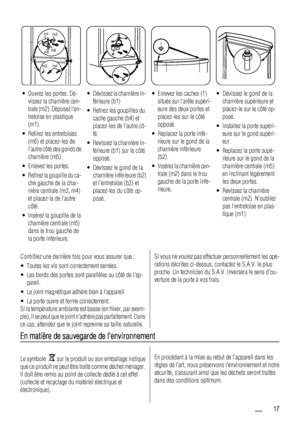 Page 17m1
m2
m3m4 m5m6
1
• Ouvrez les portes. Dé-
vissez la charnière cen-
trale (m2). Déposez len-
tretoise en plastique
(m1).
• Retirez les entretoises
(m6) et placez-les de
lautre côté des gonds de
charnière (m5).
• Enlevez les portes.
• Retirez la goupille du ca-
che gauche de la char-
nière centrale (m3, m4)
et placez-la de lautre
côté.
• Insérez la goupille de la
charnière centrale (m5)
dans le trou gauche de
la porte inférieure.• Dévissez la charnière in-
férieure (b1)
• Retirez les goupilles du
cache...