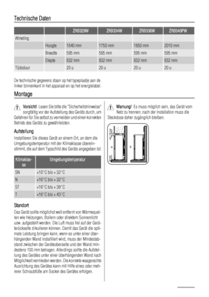 Page 24Technische Daten
  ZRB329WZRB334WZRB336WZRB340PW
Afmeting     
 Hoogte1540 mm1750 mm1850 mm2010 mm
 Breedte595 mm595 mm595 mm595 mm
 Diepte632 mm632 mm632 mm632 mm
Tijdsduur 20 u20 u20 u20 u
De technische gegevens staan op het typeplaatje aan de
linker binnenkant in het apparaat en op het energielabel.
Montage
Vorsicht!  Lesen Sie bitte die Sicherheitshinweise
sorgfältig vor der Aufstellung des Geräts durch, um
Gefahren für Sie selbst zu vermeiden und einen korrekten
Betrieb des Geräts zu gewährleisten....