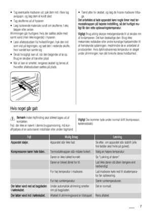 Page 7• Tag eventuelle madvarer ud, pak dem ind i flere lag
avispapir, og læg dem et koldt sted
• Tag skufferne ud af fryseren
• Læg isolerende materiale rundt om skufferne, f.eks.
tæpper eller aviser.
Afrimningen går hurtigere, hvis der sættes skåle med
varmt vand (men ikke kogende) i fryseren.
• Løsn afløbsstudsen fra hvilestillingen, tryk den ind
som vist på tegningen, og sæt den i nederste skuffe,
hvor vandet kan samle sig
• Skrab forsigtigt isen af, når den begynder at tø op.
Brug en skraber af træ eller...