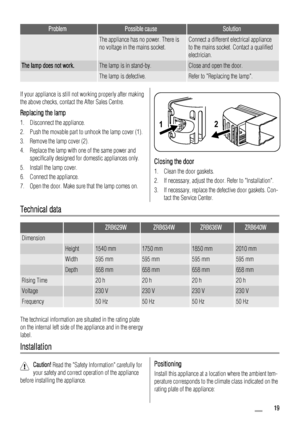 Page 19ProblemPossible causeSolution
 The appliance has no power. There is
no voltage in the mains socket.Connect a different electrical appliance
to the mains socket. Contact a qualified
electrician.
The lamp does not work.The lamp is in stand-by.Close and open the door.
 The lamp is defective.Refer to Replacing the lamp.
If your appliance is still not working properly after making
the above checks, contact the After Sales Centre.
Replacing the lamp
1. Disconnect the appliance.
2. Push the movable part to...