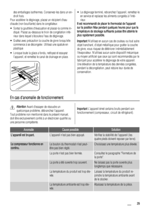 Page 29des emballages isothermes. Conservez-les dans un en-
droit frais.
Pour accélérer le dégivrage, placez un récipient deau
chaude (non bouillante) dans le congélateur.
• Sortez la gouttière dévacuation et placez-la comme in-
diqué. Placez au-dessous le tiroir de congélation infé-
rieur dans lequel sécoulera leau de dégivrage.
• Grattez avec précaution la couche de givre lorsquelle
commence à se décongeler. Utilisez une spatule en
plastique
• Lorsque toute la glace a fondu, nettoyez et essuyez
lappareil, et...