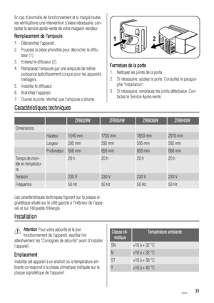 Page 31En cas danomalie de fonctionnement et si malgré toutes
les vérifications une intervention savère nécessaire, con-
tactez le service après-vente de votre magasin vendeur.
Remplacement de lampoule
1. Débranchez lappareil.
2. Poussez la pièce amovible pour décrocher le diffu-
seur (1).
3. Enlevez le diffuseur (2).
4. Remplacez lampoule par une ampoule de même
puissance spécifiquement conçue pour les appareils
ménagers.
5. Installez le diffuseur.
6. Branchez lappareil.
7. Ouvrez la porte. Vérifiez que...