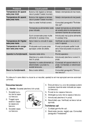 Page 24ProblemăCauză posibilăSoluţie
Temperatura din aparat
este prea mică.Butonul de reglare a tempe‐
raturii poate fi setat incorect.Setaţi o temperatură mai mare.
Temperatura din aparat
este prea mare.Butonul de reglare a tempe‐
raturii poate fi setat incorect.Setaţi o temperatură mai joasă.
 Uşa nu este închisă corect.Consultaţi paragraful "Închide‐
rea uşii".
 Temperatura alimentelor este
prea ridicată.Lăsaţi temperatura alimentelor
să scadă până la temperatura
camerei înainte de conservare.
 Sunt...