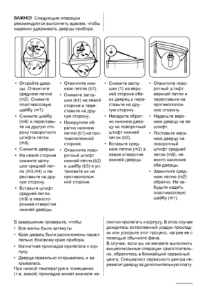 Page 42ВАЖНО!  Следующие операции
рекомендуется выполнять вдвоем, чтобы
надежно удерживать дверцы прибора.
m1
m2
m3m4 m5m6
1
• Откройте двер‐
цы. Отвинтите
среднюю петлю
(m2). Снимите
пластмассовую
шайбу (m1).
•Снимите шайбу
(m6) и переставь‐
те на другую сто‐
рону поворотного
штифта петли
(m5).
•Снимите дверцы.
• На левой стороне
снимите заглу‐
шки средней пет‐
ли (m3,m4) и пе‐
реставьте на дру‐
гую сторону.
• Вставьте штифт
средней петли
(m5) в левосто‐
роннее отверстие
нижней дверцы.• Отвинтите ниж‐
нюю...