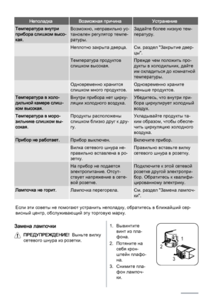 Page 26НеполадкаВозможная причинаУстранение
Температура внутри
прибора слишком высо‐
кая.Возможно, неправильно ус‐
тановлен регулятор темпе‐
ратуры.Задайте более низкую тем‐
пературу.
 Неплотно закрыта дверца.См. раздел "Закрытие двер‐
цы".
 Температура продуктов
слишком высокая.Прежде чем положить про‐
дукты в холодильник, дайте
им охладиться до комнатной
температуры.
 Одновременно хранится
слишком много продуктов.Одновременно храните
меньше продуктов.
Температура в холо‐
дильной камере слиш‐
ком...