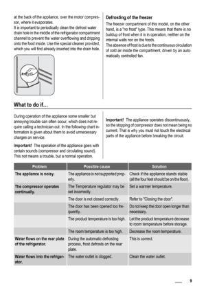 Page 9at the back of the appliance, over the motor compres-
sor, where it evaporates.
It is important to periodically clean the defrost water
drain hole in the middle of the refrigerator compartment
channel to prevent the water overflowing and dripping
onto the food inside. Use the special cleaner provided,
which you will find already inserted into the drain hole.Defrosting of the freezer
The freezer compartment of this model, on the other
hand, is a no frost type. This means that there is no
buildup of frost...