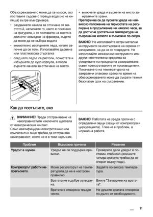 Page 11Обезскрежаването може да се ускори, ако
поставите съдове с гореща вода (но не ки‐
пяща) вътре във фризера.
• раздвижете канала за оттичане от мя‐
стото й, натиснете го, както е показано
на фигурата, и го поставете на място в
долното чекмедже на фризера, където
да може да се събира водата
• внимателно изстържете леда, когато за‐
почне да се топи. Използвайте дървена
или пластмасова стъргалка
• след като ледът се разтопи, почистете и
избършете до сухо корпуса, а после
върнете канала за оттичане на място.•...