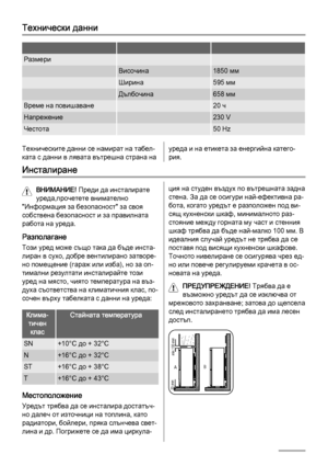 Page 14Технически данни
   
Размери  
 Височина1850 мм
 Ширина595 мм
 Дълбочина658 мм
Време на повишаване 20 ч
Напрежение 230 V
Честота 50 Hz
Техническите данни се намират на табел‐
ката с данни в лявата вътрешна страна науреда и на етикета за енергийна катего‐
рия.
Инсталиране
ВНИМАНИЕ! Преди да инсталирате
уреда,прочетете внимателно
"Информация за безопасност" за своя
собствена безопасност и за правилната
работа на уреда.
Разполагане
Този уред може също така да бъде инста‐
лиран в сухо, добре...