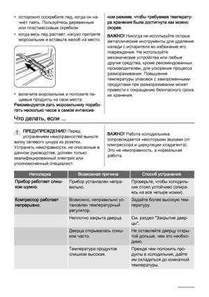 Page 42• осторожно соскребите лед, когда он на‐
чнет таять. Пользуйтесь деревянным
или пластмассовым скребком
• когда весь лед растает, насухо протрите
морозильник и вставьте желоб на место.
• включите морозильник и положите пи‐
щевые продукты на свои места.
Рекомендуется дать морозильнику порабо‐
тать несколько часов в самом интенсив‐
ном режиме, чтобы требуемая температу‐
ра хранения была достигнута как можно
скорее.
ВАЖНО! Никогда не используйте острые
металлические инструменты для удаления
наледи с...